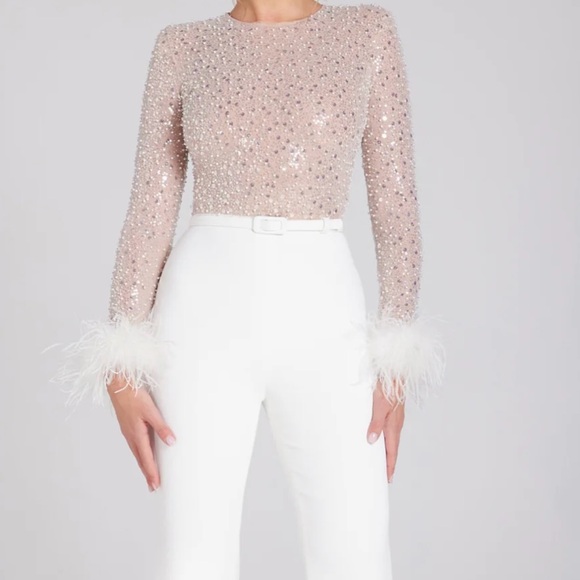 NADINE MERABI Pants - NADINE MERABI White and Pink Sequin Jumpsuit